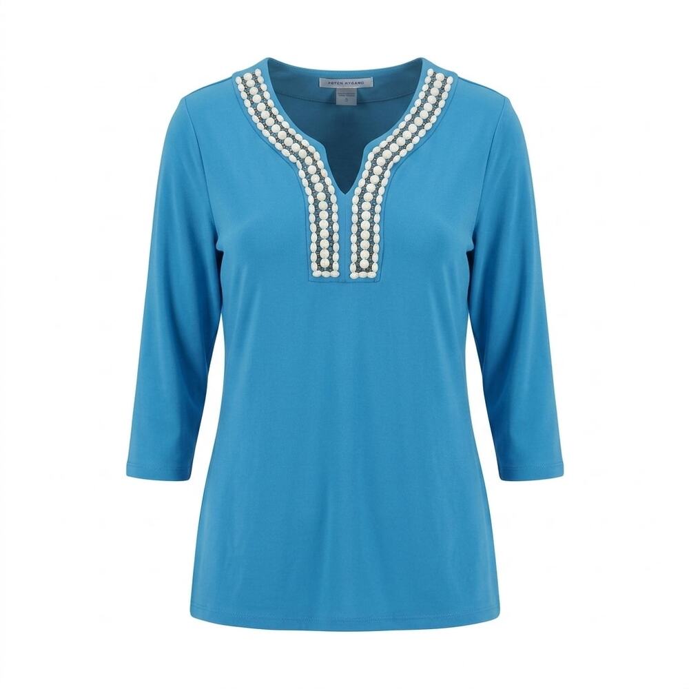 Peter Nygard Blue Rhinestone Split Neck 3/4 Sleeve Tunic Top Women Size S